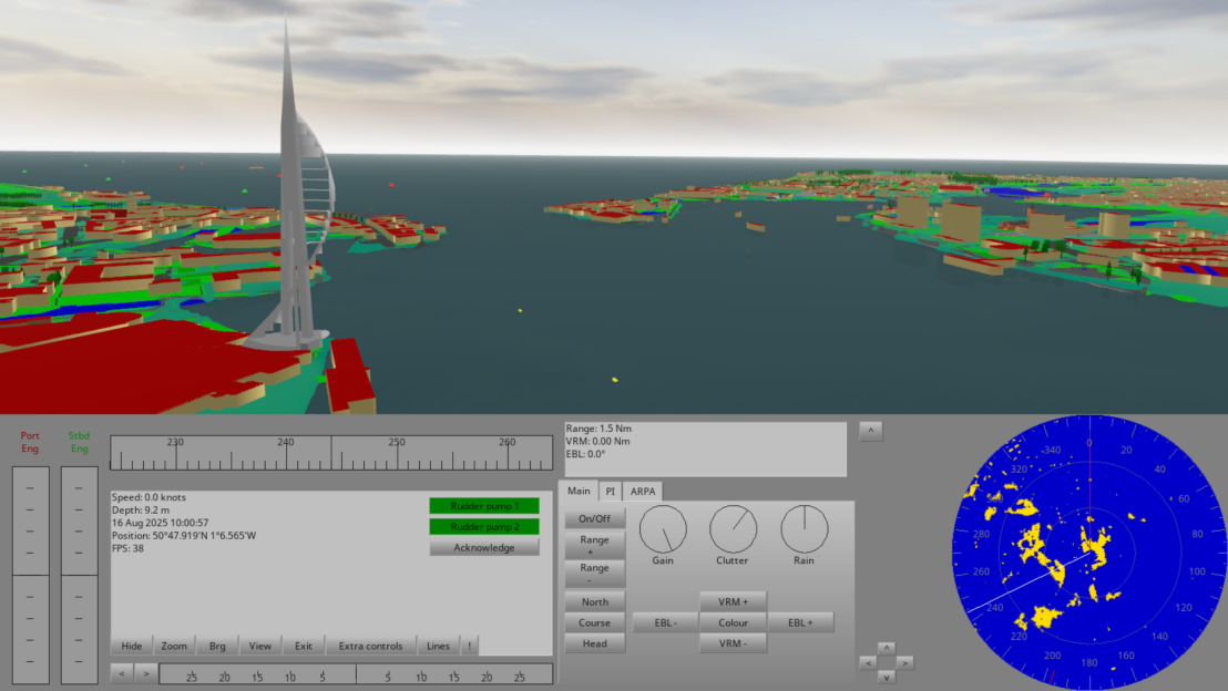Preview of Portsmouth Harbour with the Spinnaker Tower, automatically generated using OSM2World